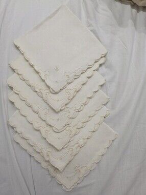 6 Embroidered Floral Napkin Handkerchief Off White Like New